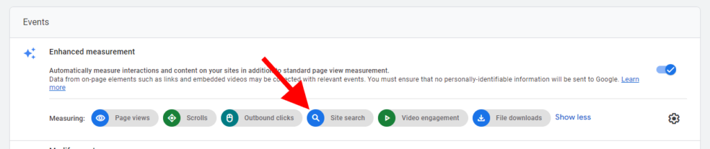 Google Analytics 4 Screenshot - Enhanced Measurement > Site search selection