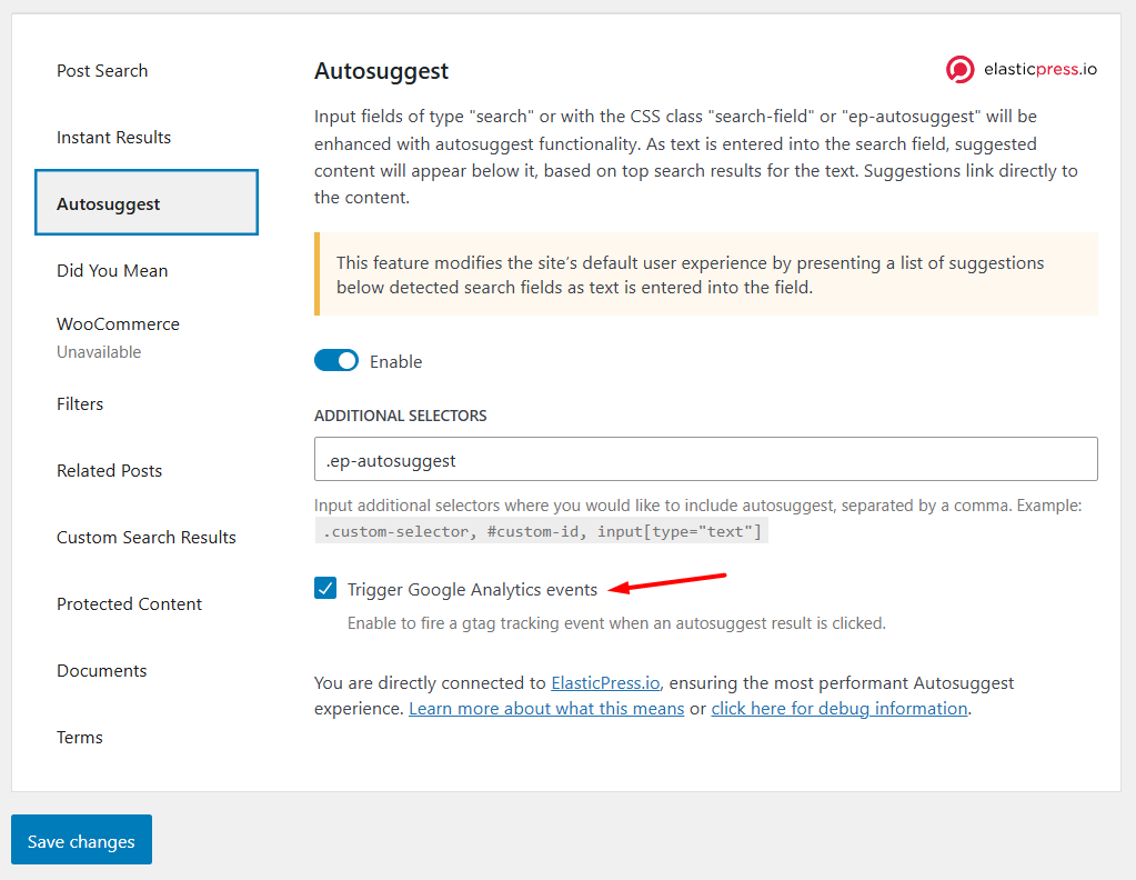 ElasticPress Autosuggest Feature - Enable the Trigger Google Analytics events option