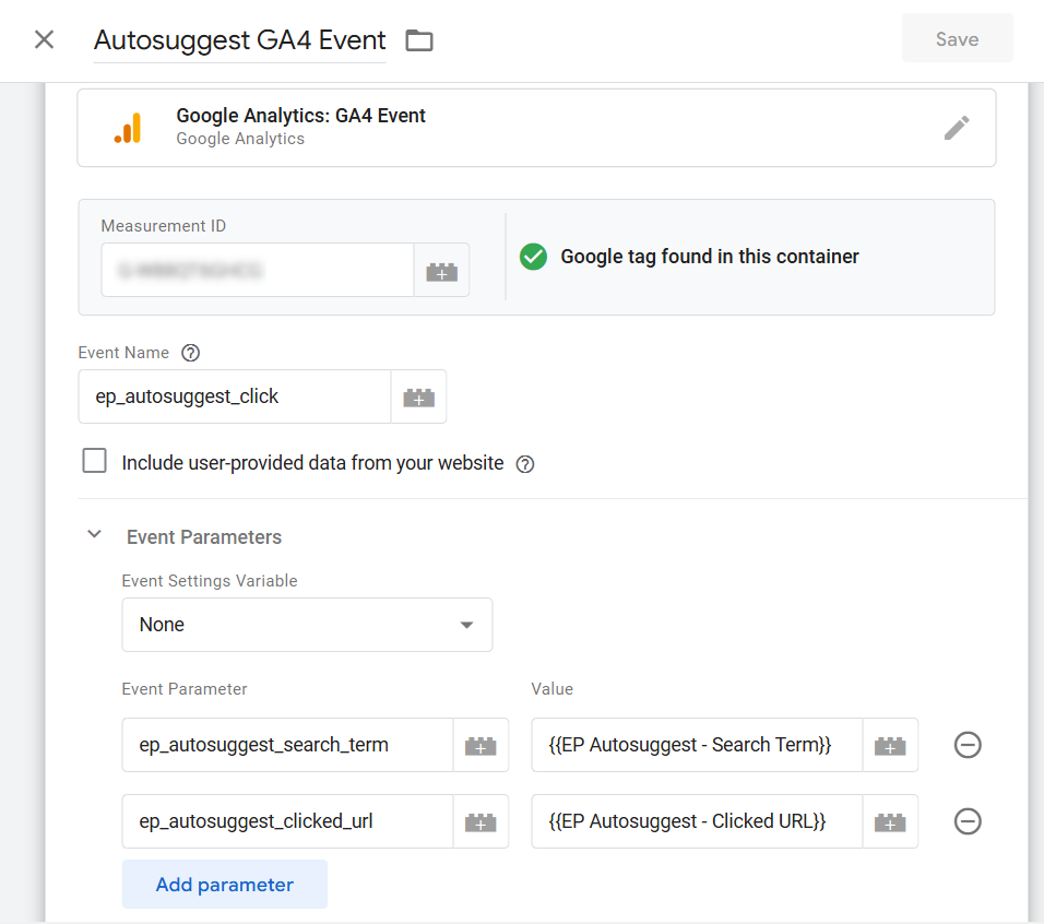 GTM - ElasticPress Autosuggest GA4 Event Tag