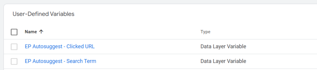 GTM - ElasticPress Autosuggest User-Defined Variables